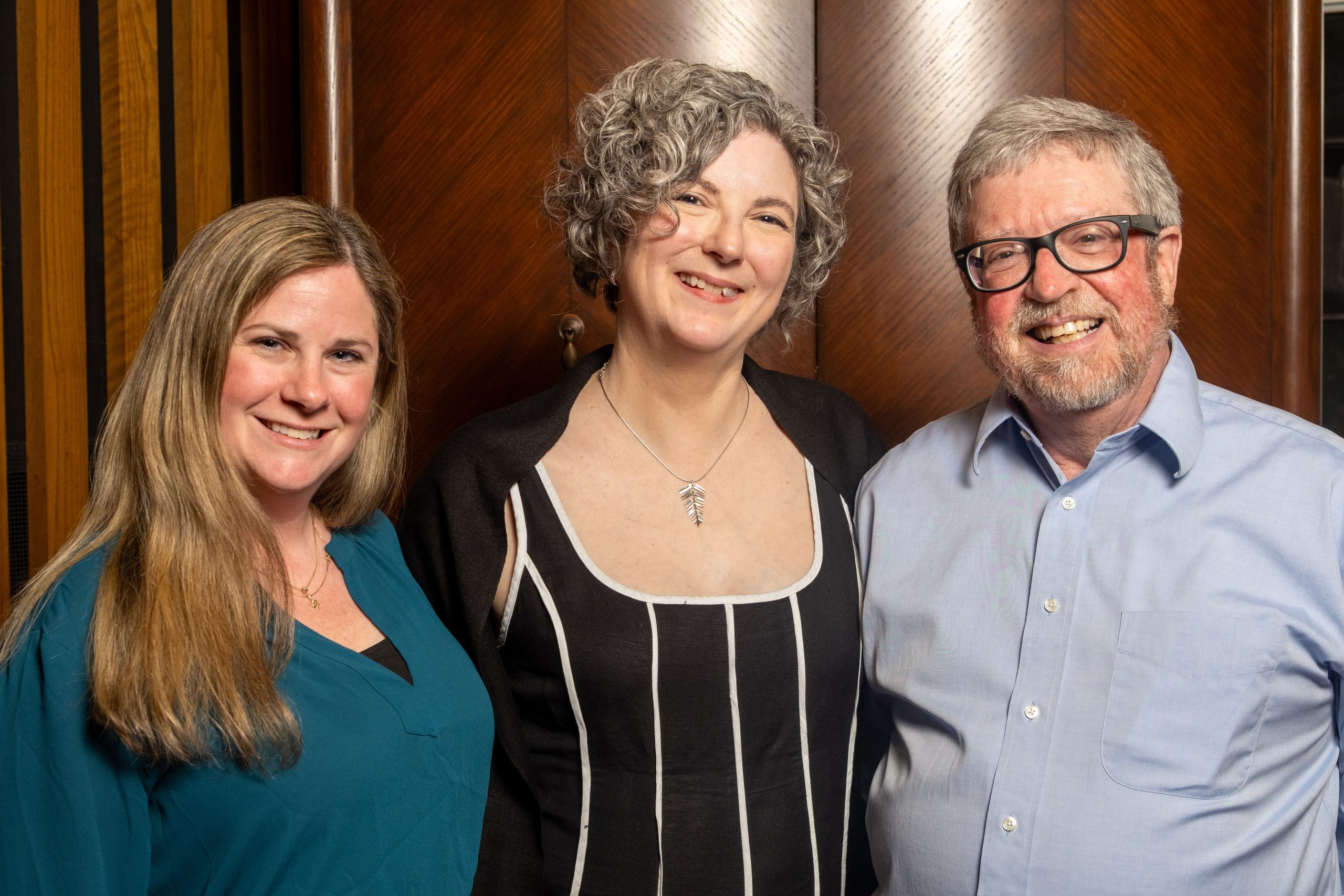 President Jennifer Satterlee, Cantor Kari Siegel Eglash, and Treasurer/Immediate Past President Jeff Lefkowicz, celebrating Cantor Siegel Eglash's 10th Anniversary with Temple Concord